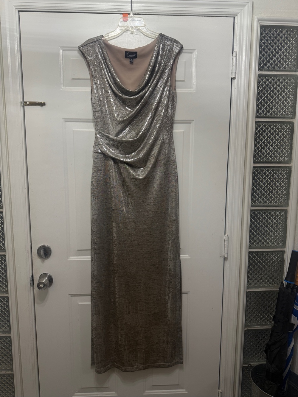 connected apparel Silver Metallic Ruched Drape-Neck Maxi Dress 10/12
